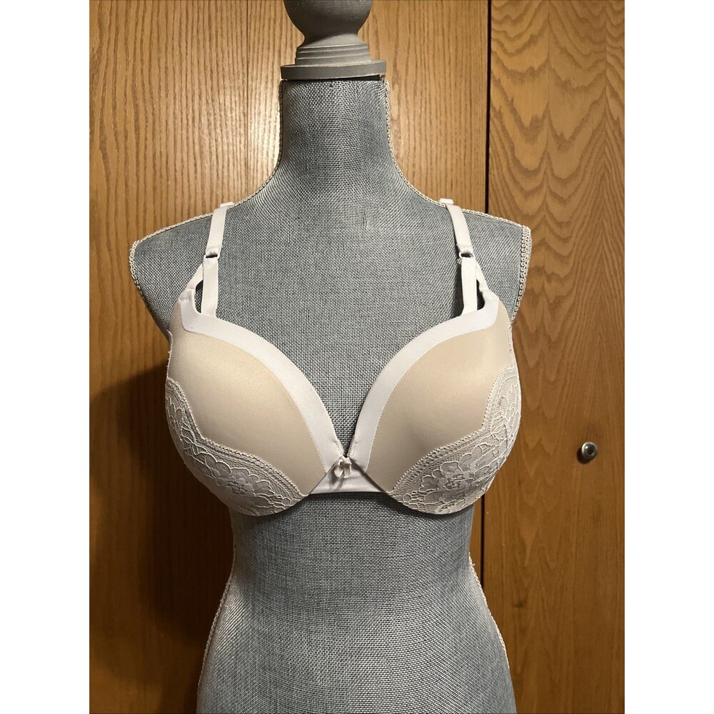 Maidenform Push Up Wonder Bra Plunging Neckline Beige & White Lace 40C